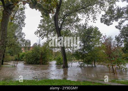 Milano, Italia. 10 ottobre 2024. Il fiume Lambro esonda all'interno del Parco Lambro all'altezza di via Feltre - Milano, Italia - Giovedì, 10 ottobre 2024 (foto Stefano porta/LaPresse) il fiume Lambro sgorga all'interno del Parco Lambro in via Feltre - Milano, Italia - giovedì 10 ottobre 2024 (foto Stefano porta/LaPresse) crediti: LaPresse/Alamy Live News Foto Stock