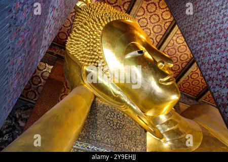 Wat Pho, scritto anche Wat po, è un complesso di templi buddisti nel distretto di Phra Nakhon, Bangkok, Thailandia. Conosciuto anche come il Tempio del Buddha sdraiato, il suo nome ufficiale è Wat Phra Chetuphon Wimon Mangkhalaram Rajwaramahawihan. Il Buddha reclinato, la figura è alta 15 m e lunga 46 m, ed è una delle più grandi statue di Buddha in Thailandia. La figura ha un nucleo di mattoni, modellato e modellato con intonaco, poi dorato. Foto Stock