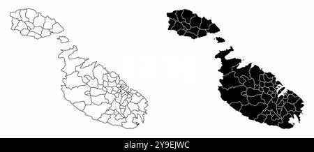 Le mappe amministrative in bianco e nero di Malta Illustrazione Vettoriale