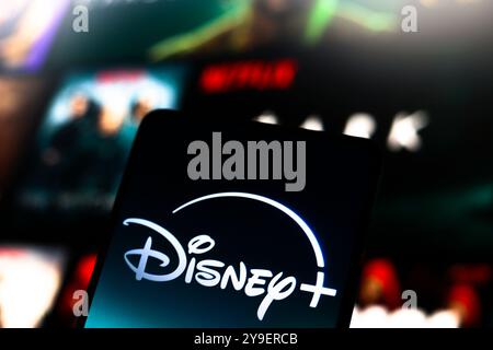 14 luglio 2024, Paraguay. In questa immagine, il logo Disney Plus viene visualizzato sullo schermo di uno smartphone Foto Stock