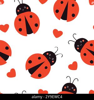 Grazioso motivo senza cuciture con coccinelle e cuori. Illustrazione del vettore infantile su sfondo bianco. Illustrazione Vettoriale