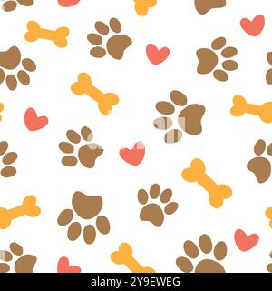 Simpatico motivo senza cuciture con zampe, ossa e cuori di animali domestici. Illustrazione vettoriale su sfondo bianco. Illustrazione Vettoriale