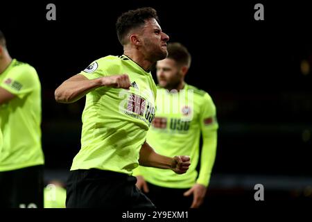 18 gennaio 2020; Emirates Stadium, Londra, Inghilterra; English Premier League Football, Arsenal contro Sheffield United; George Baldock celebra il gol di John Fleck che lo porta a 1-1 al 83° minuto Foto Stock