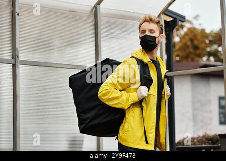 Un addetto alle consegne che indossa una maschera nera porta un grosso ordine in un vivace edificio di uffici durante il giorno. Foto Stock