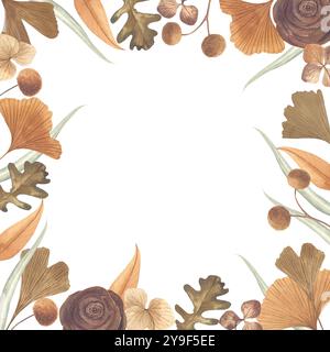Cornice ad acquerello con foglie secche autunnali disegnate a mano. Foto Stock