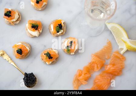 Delicato blinis di salmone affumicato con un tocco di caviale nero e aneto fresco, perfetto per un incontro elegante o una festa gourmet. Foto Stock