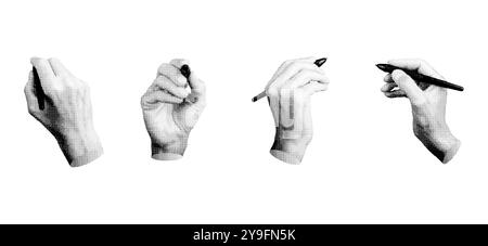 Penna a mano, stilo per scrivere a mano, disegnare, set. Vettore stile mezzitoni isolato su sfondo bianco. Illustrazione Vettoriale