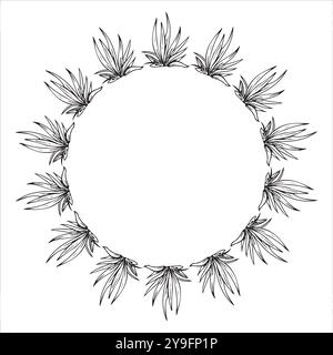 Una cornice circolare di erba disegnata a mano con inchiostro nero su sfondo bianco. Illustrazione vettoriale per il progetto Illustrazione Vettoriale
