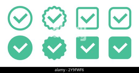 Set di icone con segno di spunta verde. Forma circolare e quadrata in stile piatto e lineare. Badge di approvazione. Illustrazione vettoriale Illustrazione Vettoriale