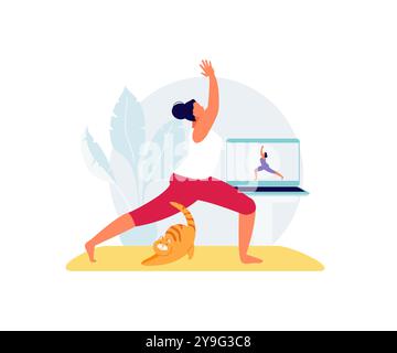 Ragazza e gatto online che praticano yoga con un allenatore online. Fitness online in quarantena illustrazione vettoriale Illustrazione Vettoriale