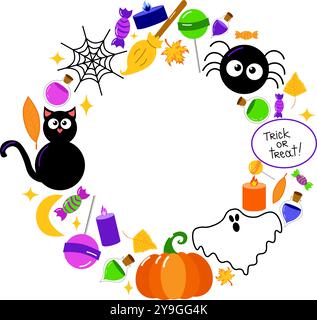 Illustrazione vettoriale di cartoni animati con cornice rotonda con zucca, bottiglie con pozione di strega, gatto nero, caramelle, candele e altri elementi - concetto di sala Illustrazione Vettoriale