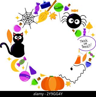 La struttura rotonda vettoriale di Halloween presenta gatto nero, scopa, ragno, fantasma, zucca, caramelle, lollypops, ragnatela e foglie per i festeggiamenti stagionali. Vettore Illustrazione Vettoriale