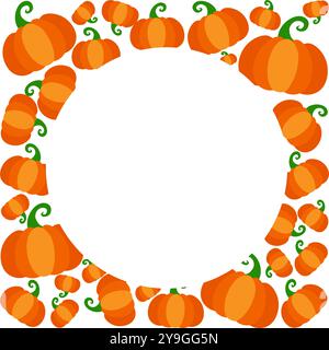 Telaio circolare della zucca del Ringraziamento. Illustrazione dei cartoni animati. Elemento per il Ringraziamento e la raccolta di halloween. Cornice autunnale su sfondo bianco Illustrazione Vettoriale
