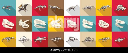 Set di icone di scheletro di dinosauro. Scheletri di dinosauro e icone di crani che presentano molti animali preistorici come il tyrannosaurus rex e il triceratops Illustrazione Vettoriale