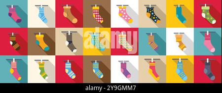 Set di icone calzini clothesline. Calze colorate diverse con vari ornamenti appesi alla clothesline che formano un motivo senza cuciture Illustrazione Vettoriale