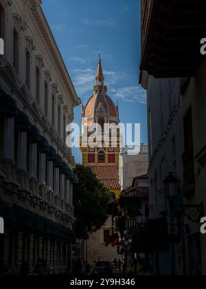 Splendida vista aerea della città fortificata di Cartagena, la sua maestosa Cattedrale, la plaza, il suo arco coloniale Foto Stock