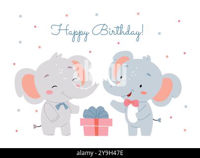 Carino biglietto di compleanno per bambini. Due carini elefanti dicono buon compleanno. Confezione regalo. Illustrazione Vettoriale