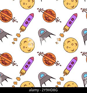 Schema spaziale infantile senza cuciture con astronavi e pianeti su sfondo bianco. Galassia, razzi e pianeti disegnati a mano. Per tessuti per bambini Illustrazione Vettoriale