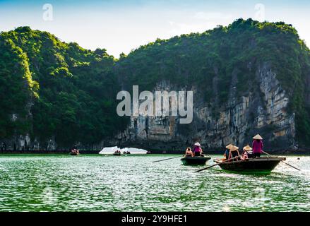 Incredibile viaggio con barche tradizionali e guide locali viola attraverso le molteplici scogliere calcaree della baia di ha Long, Vietnam Foto Stock