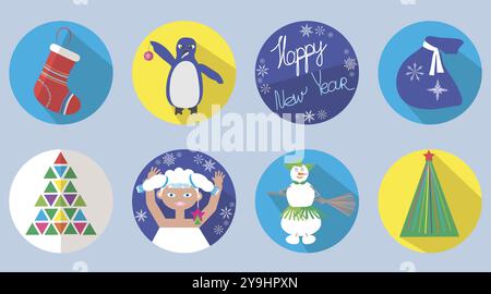 Icone di Capodanno con l'immagine di una fanciulla di neve, un albero di Natale e un pupazzo di neve Illustrazione Vettoriale
