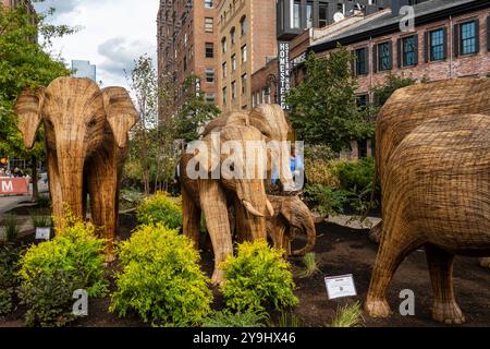 La grande migrazione degli elefanti, mostra d'arte pubblica, presenta elefanti a grandezza naturale realizzati con erbacce invasive per evidenziare progetti di conservazione in tutto il mondo, 2024, NYC, USA Foto Stock