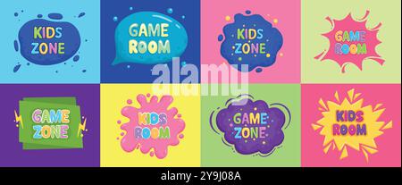 Poster per club per bambini. Area giochi con giochi, giochi per bambini e poster per area giochi. Poster del campo di intrattenimento per bambini, club della sala educativa per bambini in età prescolare Illustrazione Vettoriale