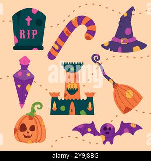 Colorato motivo di Halloween con zucche, cappelli da strega, canne di caramelle e castelli su sfondo beige. Illustrazione vettoriale Illustrazione Vettoriale