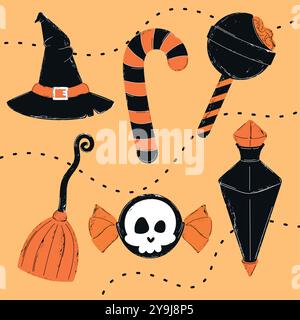 Spaventoso motivo di Halloween con cappelli da streghe, caramelle, pozioni e scopa su sfondo arancione. Illustrazione vettoriale Illustrazione Vettoriale