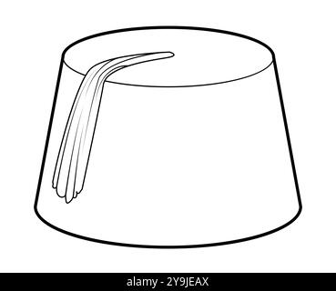 Cappello Fez Pillbox con nappina. Illustrazione tecnica dell'abbigliamento per cappellino accessorio Head Fashion. Copricapo vettoriale per uomo, donna, stile unisex, modello piatto CAD mockup contorno di schizzo isolato Illustrazione Vettoriale