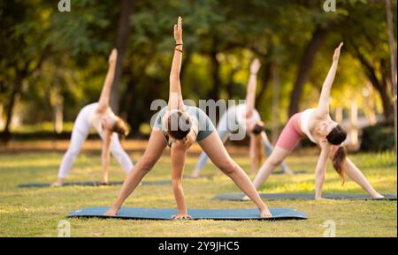 Lezione di yoga le ragazze eseguono Himavanasana nel parco Foto Stock