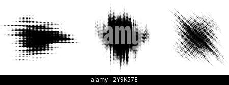 Set di elementi mezzitoni glitch. Collezione di forme geometriche tratteggiate. Grunge forme astratte di pop art fumettistiche sfocate per banner, poster, collage, sovrapposizione, etichetta, etichetta. Pacchetto vettoriale distorto in distress Illustrazione Vettoriale