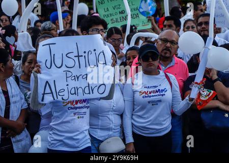 Chilpancingo, Guerrero, Messico. 10 ottobre 2024. Centinaia di cittadini di Chilpancingo Guerrero hanno marciato per la pace in città e la giustizia per l'omicidio dell'ex sindaco Alejandro Arcos CatlÃ¡n, che è stato ucciso violentemente il 6 ottobre.con striscioni che chiedevano giustizia per Alex e che chiedevano alle autorità di ri-vittimizzare il catalano Hernandez, la gente ha urlato giustizia e il presidente Alejandro. (Immagine di credito: © David Juarez/ZUMA Press Wire) SOLO PER USO EDITORIALE! Non per USO commerciale! Foto Stock