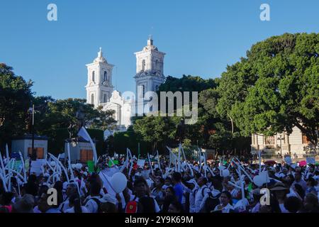 Chilpancingo, Guerrero, Messico. 10 ottobre 2024. Centinaia di cittadini di Chilpancingo Guerrero hanno marciato per la pace in città e la giustizia per l'omicidio dell'ex sindaco Alejandro Arcos CatlÃ¡n, che è stato ucciso violentemente il 6 ottobre.con striscioni che chiedevano giustizia per Alex e che chiedevano alle autorità di ri-vittimizzare il catalano Hernandez, la gente ha urlato giustizia e il presidente Alejandro. (Immagine di credito: © David Juarez/ZUMA Press Wire) SOLO PER USO EDITORIALE! Non per USO commerciale! Foto Stock