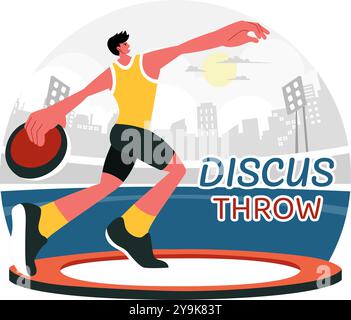 Illustrazione vettoriale di Atletica di lancio discus con un atleta che lancia un disco di legno in un campionato sportivo con sfondo di cartone animato piatto Illustrazione Vettoriale