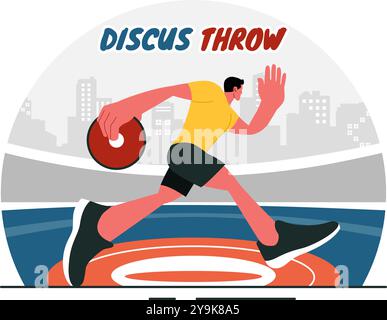 Illustrazione vettoriale di Atletica di lancio discus con un atleta che lancia un disco di legno in un campionato sportivo con sfondo di cartone animato piatto Illustrazione Vettoriale