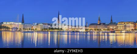 Amburgo Germania, panorama notturno dello skyline della città sul lago Alster con fontana Foto Stock