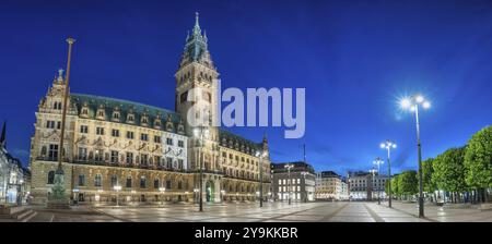 Amburgo Germania, Panorama lo skyline notturno della città presso il municipio di Rathausplatz Foto Stock