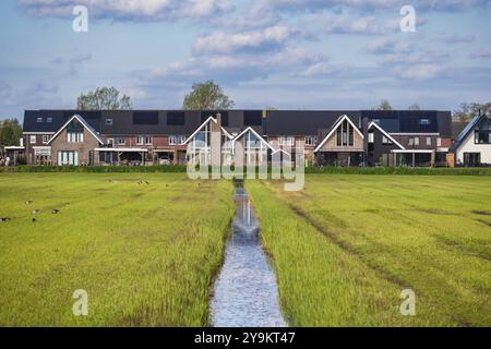 Giethoorn Paesi Bassi, skyline della città sul canale e casa tradizionale nel villaggio di Giethoorn Foto Stock