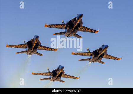 1° marzo 2024 - El Centro, CA: I Blue Angels provano acrobazie di precisione prima del debutto stagionale, mostrando abilità e lavoro di squadra in manovre di alto livello Foto Stock