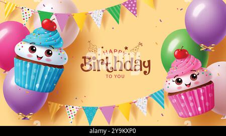 Design vettoriale del biglietto di auguri di buon compleanno. Testo del saluto di compleanno con simpatici personaggi di torta a tazza, palloncini e elemento decorativo pennant Illustrazione Vettoriale