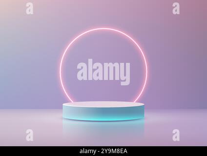 Una scena futuristica caratterizzata da un podio turchese con un cerchio al neon rosa acceso su uno sfondo sfumato. L'illuminazione soffusa e diffusa crea un'atmosfera vibrante Illustrazione Vettoriale