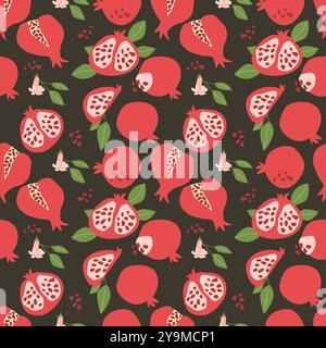 Schema di melograno astratto disegnato a mano con parti vegetali e cibo tagliato a fette. Motivo senza cuciture per tessuti, carta da imballaggio, poster. Texture alla moda. Illustrazione Vettoriale