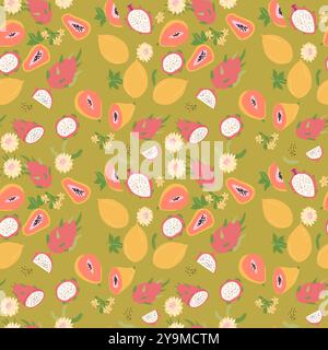 Papaia astratta disegnata a mano con parti vegetali e cibo a fette. Motivo senza cuciture con papaya per tessuti, carta da imballaggio, poster. Texture alla moda. Illustrazione Vettoriale