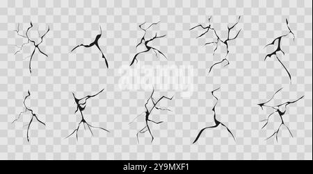 Vetro incrinato, parete, uovo, fessure nella vista dall'alto del terreno. Posa di cemento, fessure da disastri, superficie da terremoto, superficie di terra rovinata, spiedini di superficie, disegnati a mano. Illustrazione vettoriale Illustrazione Vettoriale