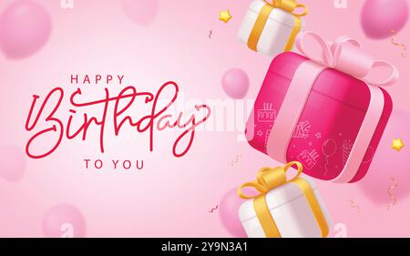 Auguri di buon compleanno, design vettoriale. Testo del saluto di compleanno con elementi decorativi per scatola regalo, nastro e palloncini su sfondo rosa per i bambini Illustrazione Vettoriale
