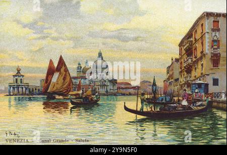 Cartolina cromo-lito illustrata d'epoca del Canal grande a Venezia al tramonto. Foto Stock