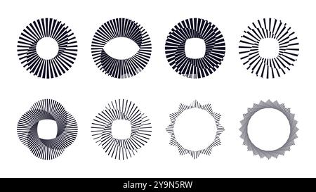 Elementi di design a spirale vintage astratti con motivo a strisce bianche e nere. Illusione ottica circolare simile a quella del sole, otturatore della fotocamera Illustrazione Vettoriale