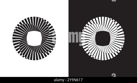 Icona astratta strisce dell'otturatore circolare della fotocamera. Motivo in bianco e nero con due cerchi, motivo astratto con linee irradianti Illustrazione Vettoriale