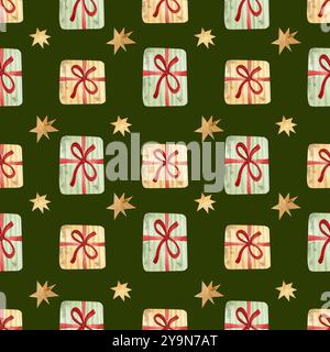 Modello per Capodanno, Natale, compleanno e altre festività. Motivo natalizio senza cuciture con confezioni regalo su sfondo verde. Acquerello di Capodanno Foto Stock