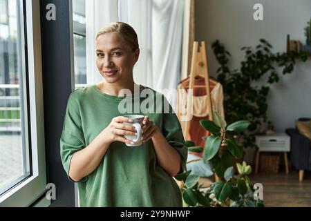 Una giovane e bella donna di grandi dimensioni si trova accanto alla finestra, assaporando la sua bevanda calda in tutta comodità. Foto Stock